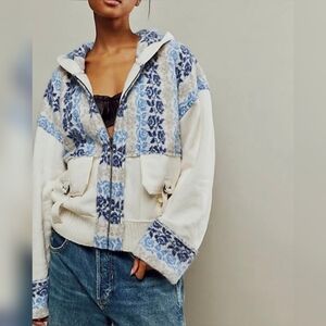 SOLD Free People Blue & White Rockwell Floral Pattern Hooded Sweater